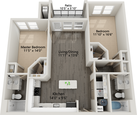 Floor plan for 2 beds, 2 baths, 1052 sqft